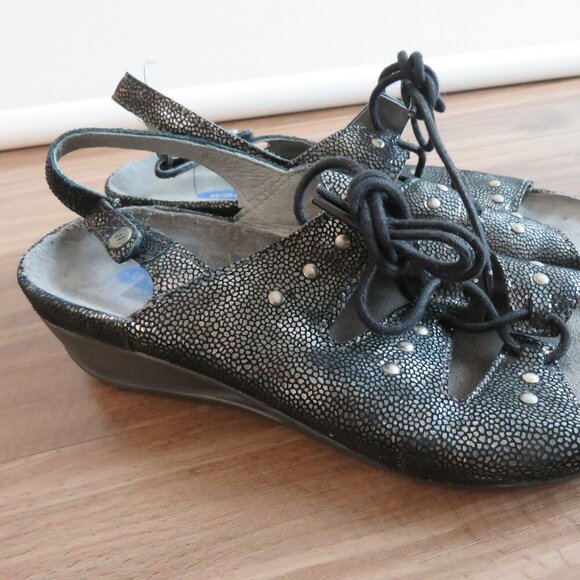 WOLKY Bombi Lace Up Leather Sandals in Black Silver Caviar - Size EU 38 / US 7 - Picture 4 of 16